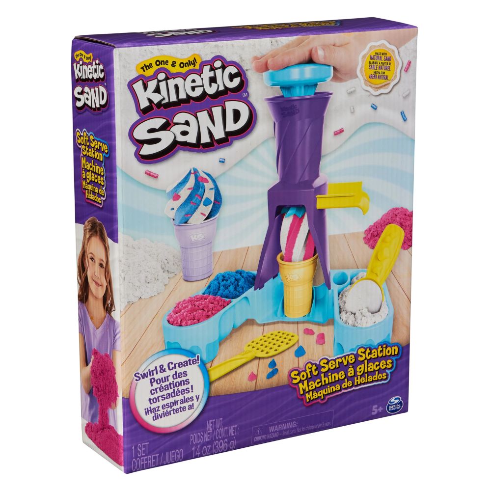 Kinetic Sand, Soft Serve Station with 396g of Play Sand (Blue, Pink and White), 2 Ice-Cream Cones and 2 Tools, Sensory Toys for Kids Aged 5 and up